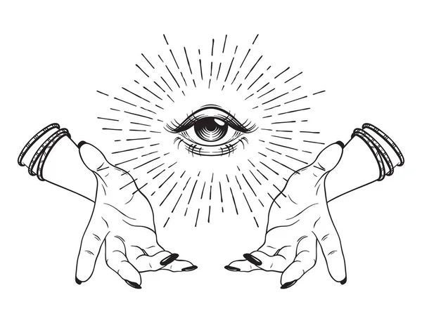 Χέρι μάτι της πρόνοιας στα χέρια των μαγισσών, όλα τα βλέπει το μάτι, θεωρία συνωμοσίας, αλχημεία, θρησκεία, πνευματικότητα, εκτύπωση ή τατουάζ σχεδιασμό εικονογράφηση διάνυσμα. — Διανυσματικό Αρχείο