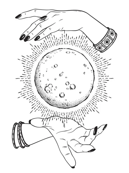 Το χέρι συντάσσονται Πανσέληνος με ακτίνες του φωτός στα χέρια του fortune teller γραμμή τέχνης και dot εργασία. Boho chic τατουάζ, αφίσα ή ιερό πέπλο εκτύπωσης σχεδιασμό εικονογράφηση φορέα. — Διανυσματικό Αρχείο