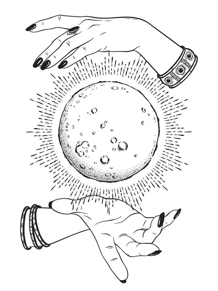 Ручное рисование полнолуния с лучами света в руках гадалки линии искусства и точка работы. Шикарная татуировка, плакат или алтарная вуаль . — стоковый вектор