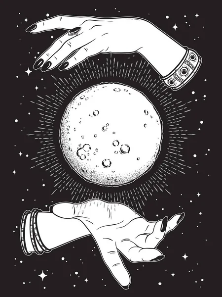 Hand gezeichneter Vollmond mit Lichtstrahlen in den Händen der Wahrsagerin Linienkunst und Punktarbeit. Boho Chic Tätowierung, Poster oder Altarschleier Print Vektor Illustration. — Stockvektor