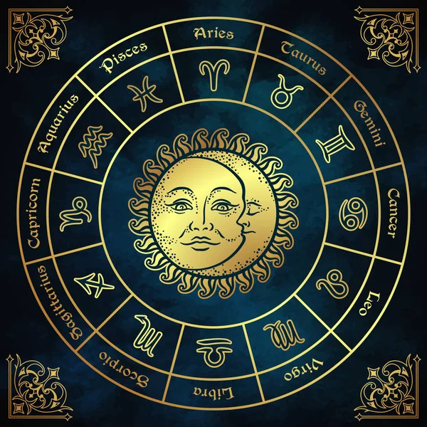 Zodiaken cirkel med horoskop tecken, solen och månen hand dras vintagestil vektor illustration design. — Stock vektor
