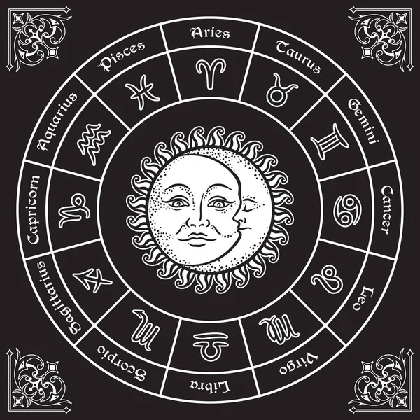 Zodiac circle with horoscope signs, sun and moon hand drawn vintage style vector illustration design. — Stock Vector