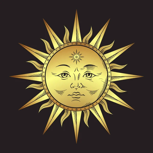 Античный стиль золотой солнце рисовал линию искусства. Шикарная татуировка Бохо, плакат, алтарная вуаль, гобелен или векторная иллюстрация дизайна ткани . — стоковый вектор