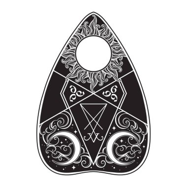 Ruh Konuşan Tahta Vektör Çizimi Planchette. Orta karar kehanet ekipmanları, simya, din, maneviyat, okültizm, antika stil boho çıkartması, flaş dövmesi veya baskı tasarımı.