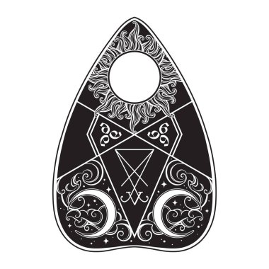 Planchette for spirit talking board vector illustration. Mediumship divination equipment, alchemy, religion, spirituality, occultism antique style boho sticker, flash tattoo or print design drawing. clipart