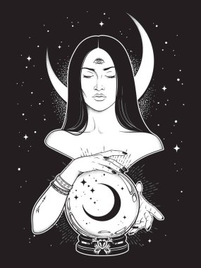 Prophetess with third eye reading magic crystal ball with crescent moon line art and dot work. Boho chic tattoo, poster, tapestry or altar veil print design vector illustration. clipart