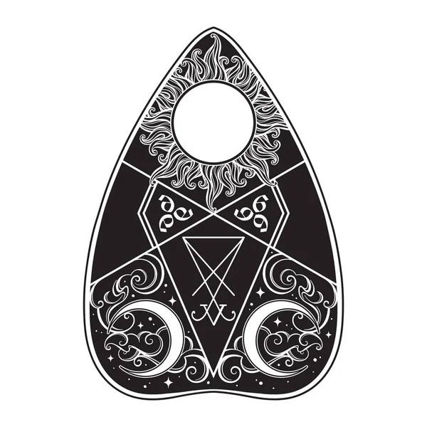 Planchette untuk gambar vektor papan bicara roh. Peralatan ramalan mediumship, alkimia, agama, spiritualitas, okultisme gaya antik boho sticker, tato kilat atau gambar desain cetak . - Stok Vektor