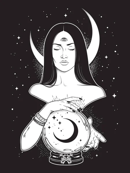 Prophetess with third eye reading magic crystal ball with crescent moon line art and dot work. Boho chic tattoo, poster, tapestry or altar veil print design vector illustration. — Stock Vector