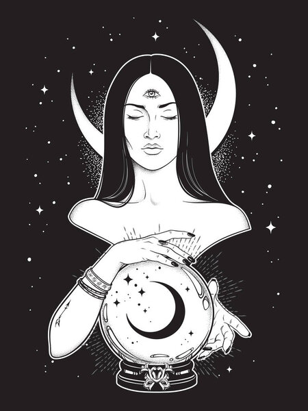 Prophetess with third eye reading magic crystal ball with crescent moon line art and dot work. Boho chic tattoo, poster, tapestry or altar veil print design vector illustration.