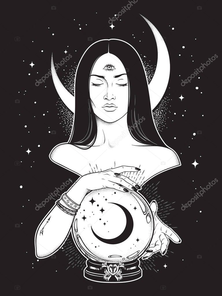 Prophetess with third eye reading magic crystal ball with crescent moon line art and dot work. Boho chic tattoo, poster, tapestry or altar veil print design vector illustration.