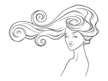 Güzellik salonu tasarımı. Uzun güzel kirpikleri ve muhteşem kıvırcık saçları olan güzel bir genç kadının portresi. Vektör