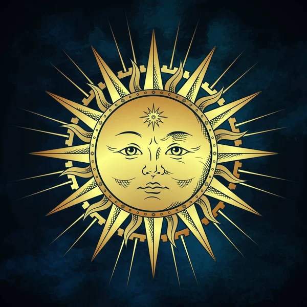 Линейка художественного солнца в старинном стиле ручной работы векторной иллюстрации boho шикарная татуировка, плакат или тканевая печать дизайн — стоковый вектор