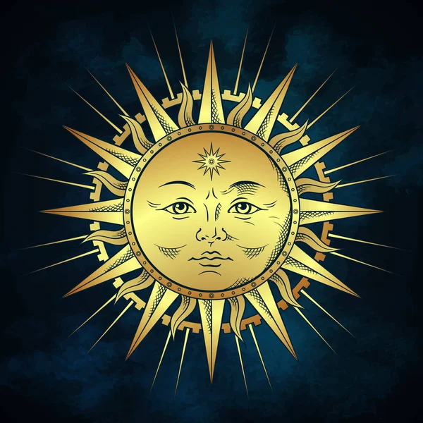 Sol de arte de línea en estuche antiguo ilustración vectorial dibujada a mano tatuaje boho chic, póster o diseño de impresión de tela — Vector de stock