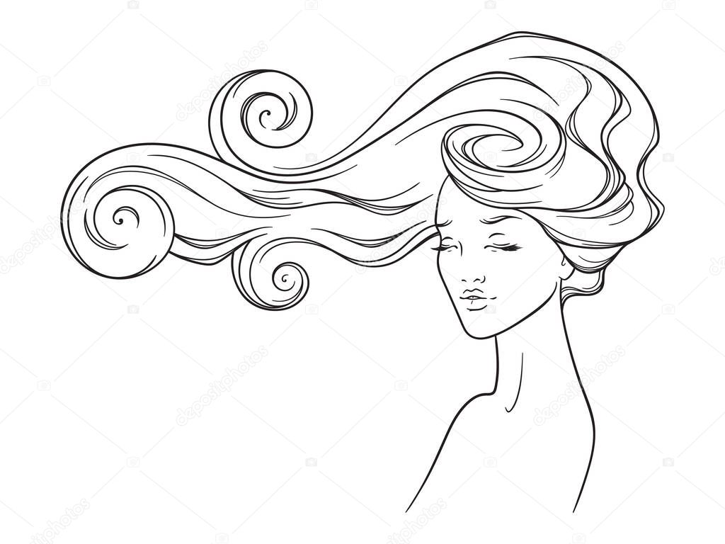 Beauty salon design. Portrait of pretty young woman with long beautiful eyelashes and splendid curly hair. Vector illustration