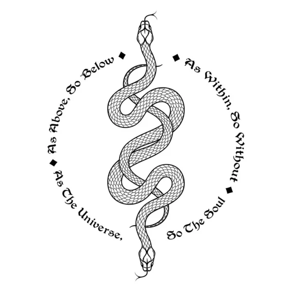 Two serpents intertwined. Inscription is a maxim in hermeticism and sacred geometry. As above, so below. Tattoo, poster or print design vector illustration — Stock Vector