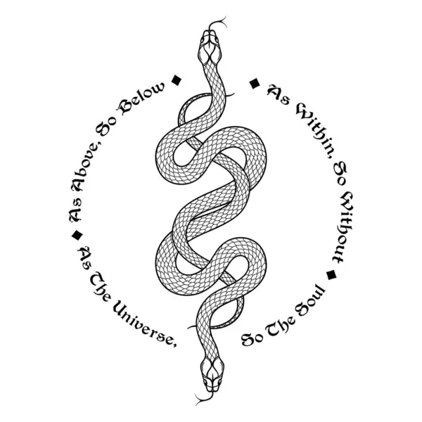 Two serpents intertwined. Inscription is a maxim in hermeticism and sacred geometry. As above, so below. Tattoo, poster or print design vector illustration — Stock Vector