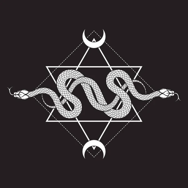 Duas serpentes sobre as seis pontas estrela linha arte boho chique tatuagem, cartaz, tapeçaria ou altar véu impressão design vetor ilustração. — Vetor de Stock