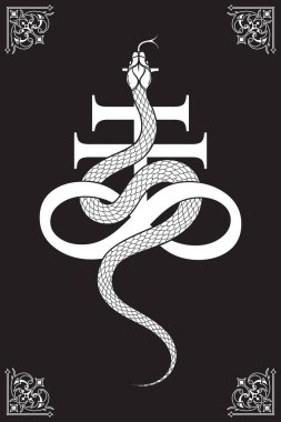 Leviathan Haçı simya sembolü Sülfür çizgisi ve nokta çalışması üzerinde yılan. Boho şık dövme, poster, goblen ya da sunak duvağı desenli tasarım vektörü illüstrasyonu