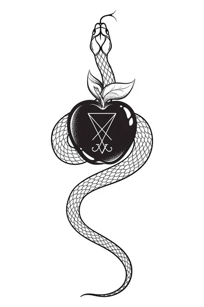 Serpent Forbidden Fruit Tree Knowledge Sigil Lucifer Line Art Dot — Stock Vector