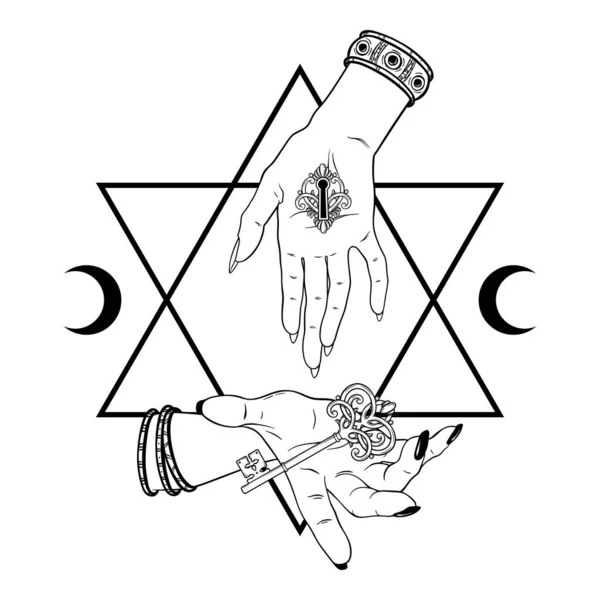 Duas mãos bruxas com chave e trava sobre o seis pontas estrela linha arte boho chique tatuagem, cartaz, tapeçaria ou altar véu impressão design vetor ilustração . — Vetor de Stock