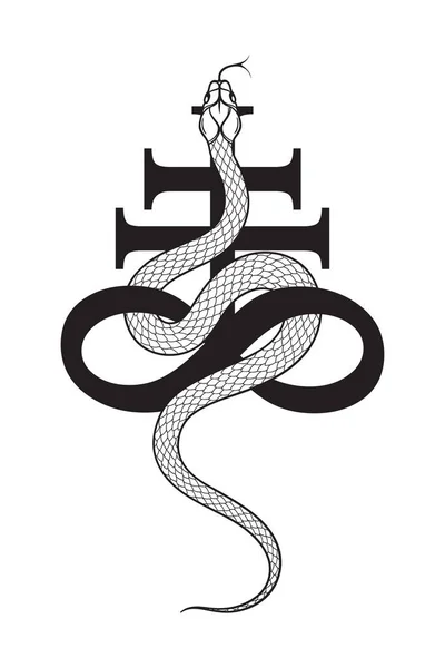 Serpent Leviathan Cross Alchemical Symbol Sulphur Line Art Dot Work — Stock Vector