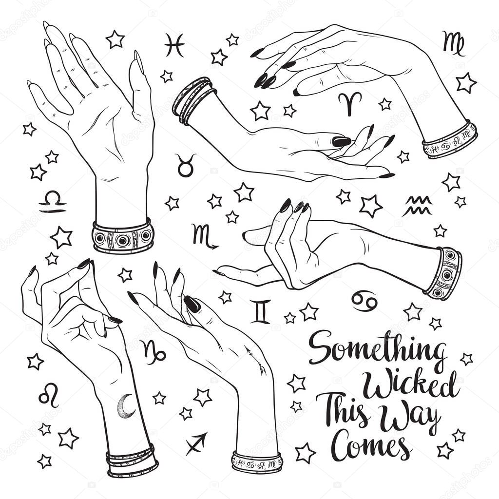 Hand drawn set of female witches hands in different poses. Flash tattoo, sticker, patch or print design vector illustration. Enscription is quote from Shakespeares Macbeth.