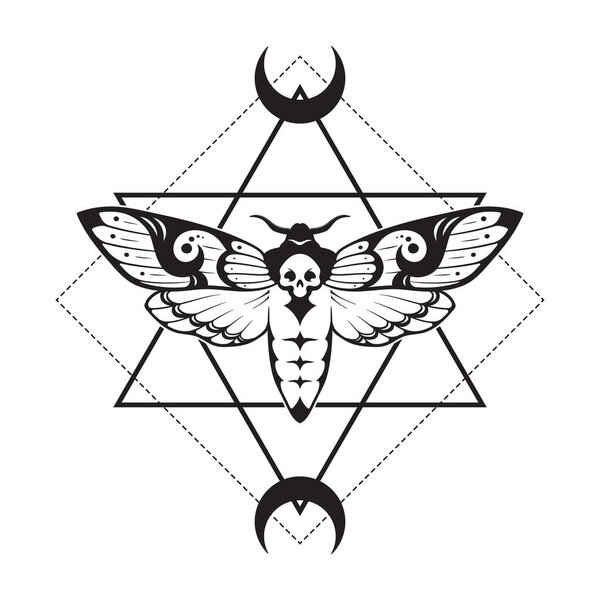 Смерти головы ястреба моль и сакральная геометрия с фазами луны вручную рисовал линии печати искусства или татуировки дизайн векторной иллюстрации
