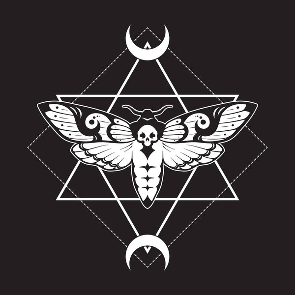 Смерти головы ястреба моль и сакральная геометрия с фазами луны вручную рисовал линии печати искусства или татуировки дизайн векторной иллюстрации
