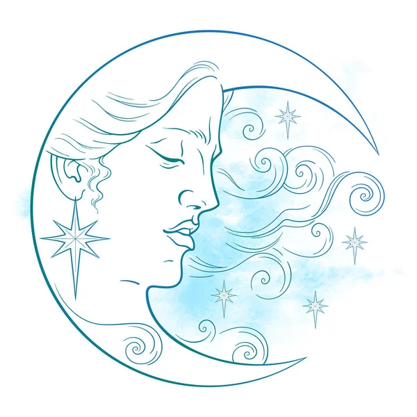 青い三日月と星のベクトルイラスト 手描きブックスタイルアートプリントポスターデザイン 占星術 錬金術 抽象的な水彩画の背景に魔法のシンボル — ストックベクタ
