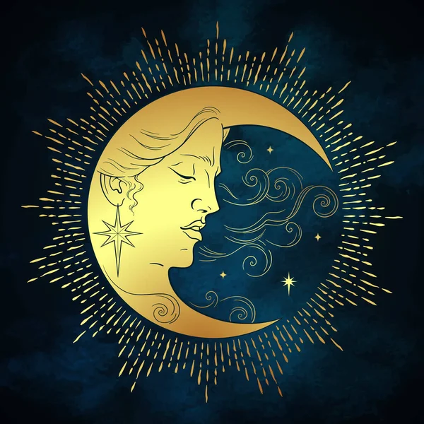 Croissant Lune Étoiles Dans Style Antique Dessin Main Art Boho — Image vectorielle