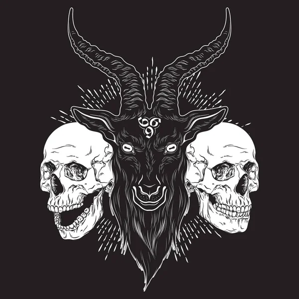 Baphomet Demon Goat Head Human Skulls Hand Drawn Print Blackwork — Stock Vector