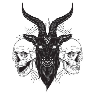 Baphomet iblis keçi kafası ve insan kafatasları el izi ya da siyah iş flaş dövme sanat tasarımı illüstrasyonu