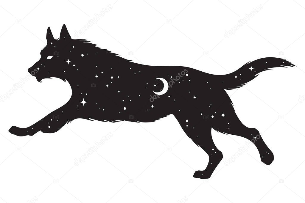 Silhouette of wolf with crescent moon and stars isolated. Sticker, print or tattoo design vector illustration. Pagan totem, wiccan familiar spirit art.