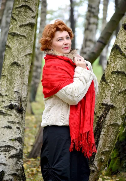 La femme réfléchie des années moyennes dans un étole rouge coûte parmi les bouleaux dans le bois — Photo