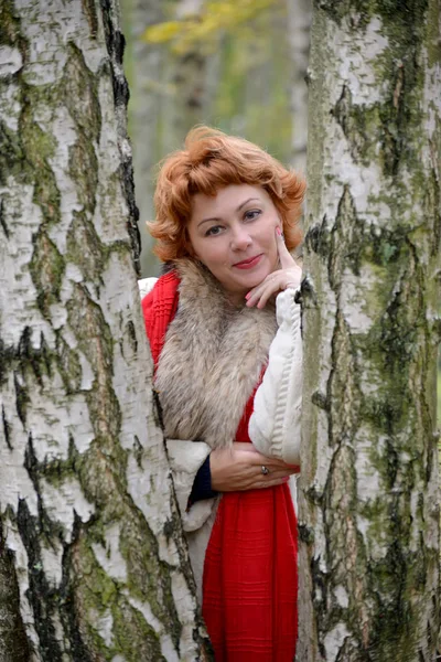 Portrait de la femme coquette parmi les bouleaux dans le bois — Photo
