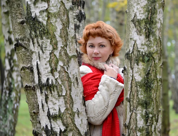 Portrait de la femme d'années moyennes parmi les bouleaux dans le bois — Photo