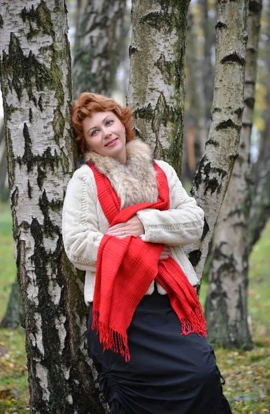 La chère femme des années moyennes s'est penchée contre un bouleau dans le bois — Photo