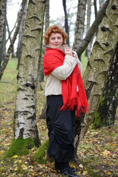 La femme tranquille des années moyennes dans un étole rouge coûte parmi les bouleaux dans le bois — Photo