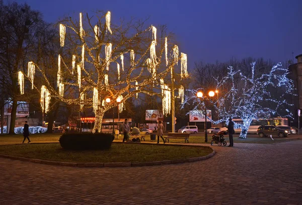 Kaliningrad, Rosja - 17 grudnia 2016: Błyszczący dekoracyjne drzewa na placu w godzinach wieczornych — Zdjęcie stockowe