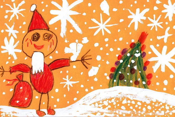 Father Frost bears a bag with gifts. Children\'s drawing (gouache colored pencils, felt-tip pens)