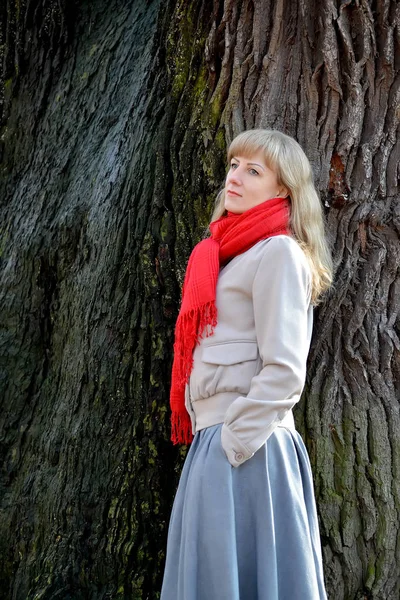 La joven mujer pensativa cuesta de lado contra el fondo de un árbol — Foto de Stock