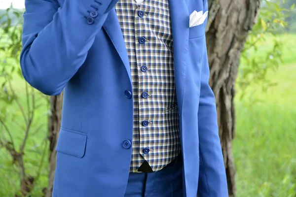 Torso of the young man in a blue jacket and a checkered vest — Stock Photo, Image