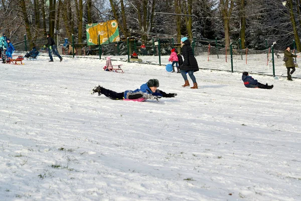 Kaliningrad, russland - 04. Dezember 2016: der junge geht von einem Hügel auf den Bauch — Stockfoto