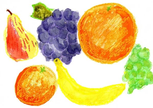 Плоди на білому тлі. Дитячий малюнок (колір води, Wa — стокове фото