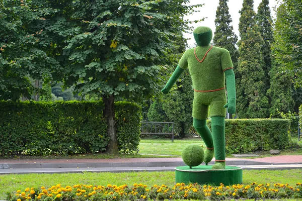 Svetlogorsk, Rusland - 10 September 2017: The Topiarny sculpture "Football-speler" op het plein — Stockfoto