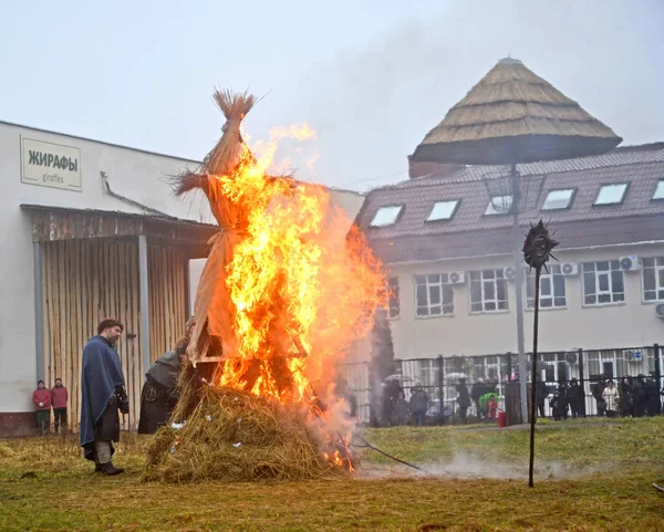 Kaliningrad, Federacja Rosyjska - 26 lutego 2017: Spalenie kukły w święto Maślenica w zoo. Tekst rosyjski "żyrafy" — Zdjęcie stockowe