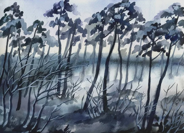 Obrázek "Zimní dřevo". Papír, akvarel — Stock fotografie