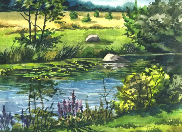 Picture "In the Summer at the River". Paper, watercolor — Stock Photo, Image