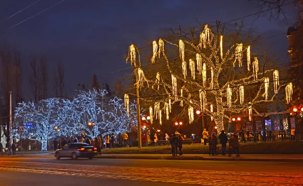 KALININGRAD, RUSSIE - 02 JANVIER 2018 : Arbres avec ilumination décorative sur l'avenue Mira au crépuscule — Photo