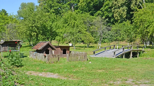 Деревенский пейзаж с деревянным мостом. Железнодорожный, Калининградская область — стоковое фото
